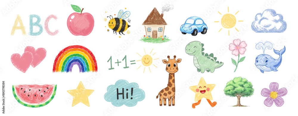Fototapeta premium Kids crayon illustrations, children color pencil naive doodle set, cute cartoon animals.