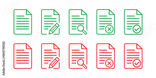 Green and Red Document Icons with Actions On Transparent Background