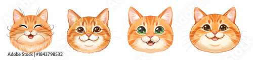 Set of cute ginger cat faces with different expressions