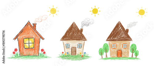Set of children's crayon drawing of house with chimney tree and sun