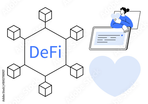 Decentralized Finance concept. Decentralized Finance blockchain illustration highlights peer-to-peer transactions, secure networks, and modern user interfaces. Ideal for fintech, blockchain
