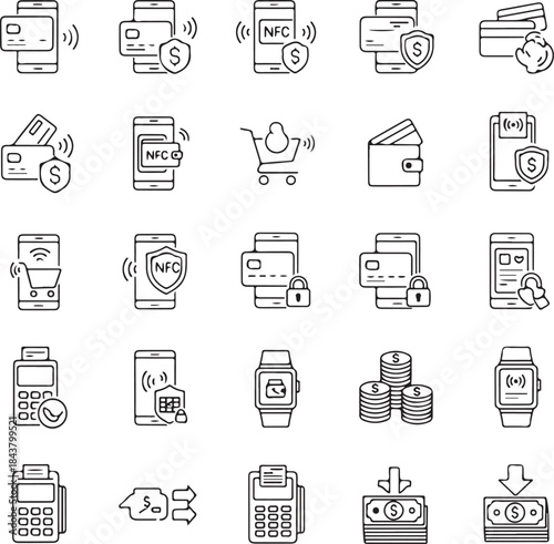 Collection of hand drawn outline icons representing mobile payments and financial transactions silhouette isolated on white background