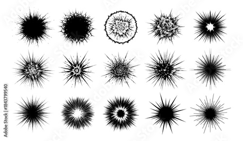 Set of black and white explosive burst elements