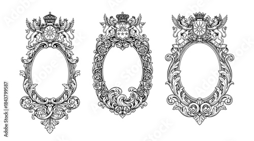 Set of royal crest frames with winged lions and crowns