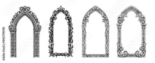 Set of ornate Gothic arch frames with intricate details