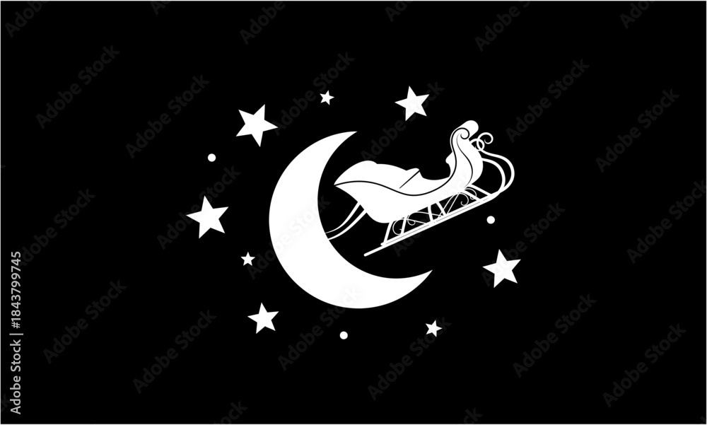Fototapeta premium Santa Claus Sleigh Flying Over Moon and Stars Christmas Night.