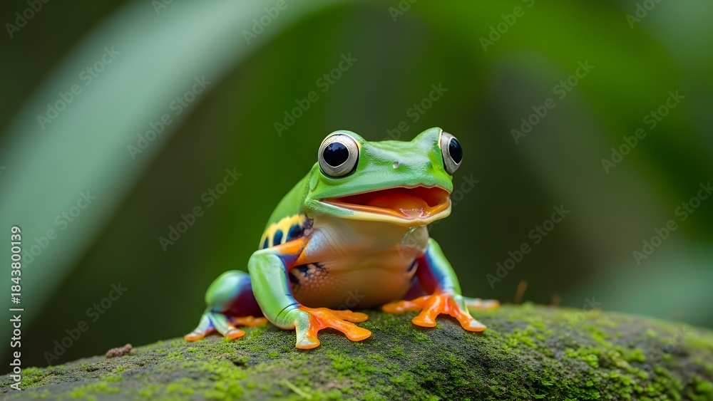 Naklejka premium A vibrant green frog perched on a mossy rock in a lush environment