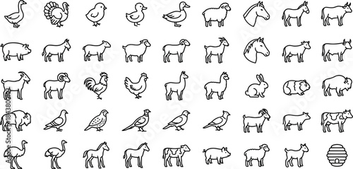 Collection of thirty distinct farm animal line icons featuring livestock poultry and domestic creatures for design