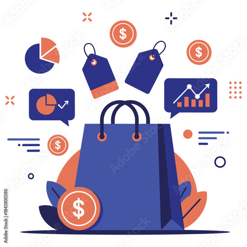 Shopping bag with price tags and financial symbols for retail and e-commerce concepts
