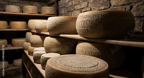 A serene cellar scene of preserved cheese wheels