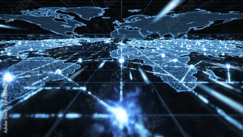 Seamlessly looping abstract digital network of glowing blue lines representing global financial connections and high energy exchange pathways business, internet, infrastructure