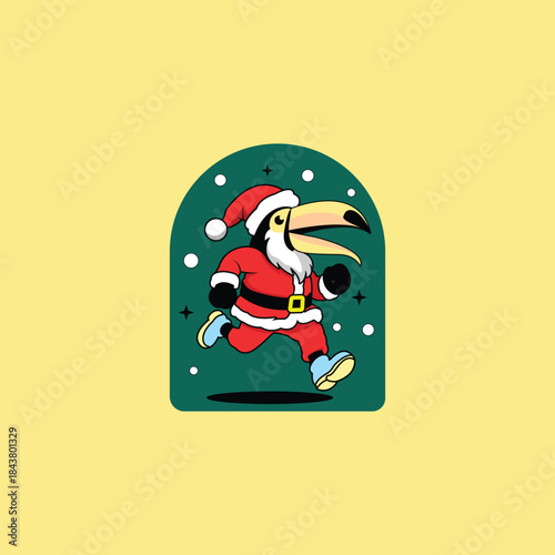 A fun and festive vector illustration of a toucan dressed as Santa Claus, running joyfully through the snow.