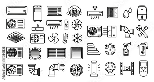 Collection of black and white line icons representing various air conditioning heating and ventilation system components