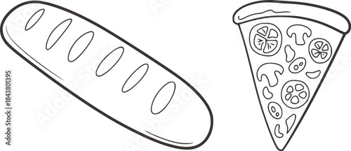 Black and white line of baguette and pizza slice