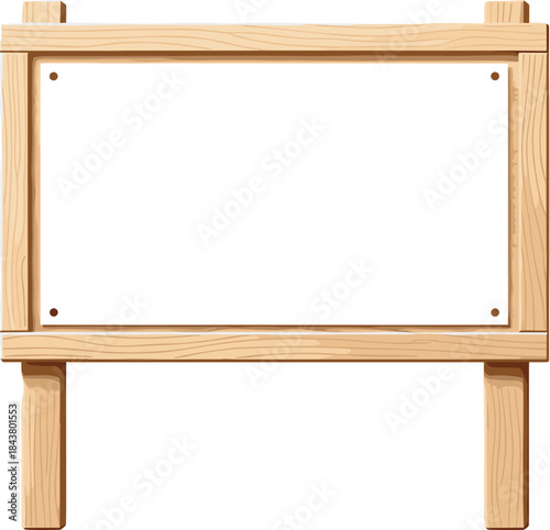 Wooden blank signboard illustration, empty wood frame template for messages, rustic outdoor board design, cartoon style wooden display panel.