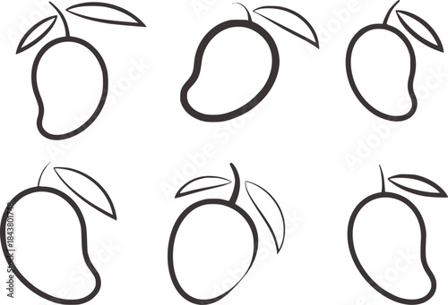 Six minimalist black and white line mangoes with leaves