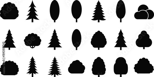 PrintMega pack of eighteen black tree and bush silhouettes vector, featuring various simplified shapes for maps, gaming, website icons, and simple nature graphics.