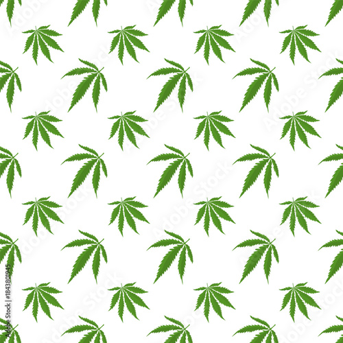 Seamless pattern with green cannabis leaves on a clean white background, suitable for medical cannabis themes, pharmaceutical design, packaging, textiles and botanical projects.