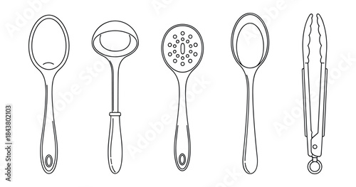 Line drawing of kitchen utensils including spoon, ladle, skimmer, and tongs