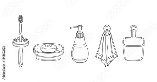 Monochrome bathroom essentials: toothbrush, soap, dispenser, towel, and organizer