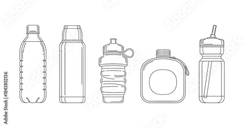 Variety of water bottles in outline style
