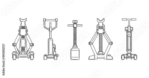 Set of various car jacks: hydraulic, scissor, and more illustrated on white background