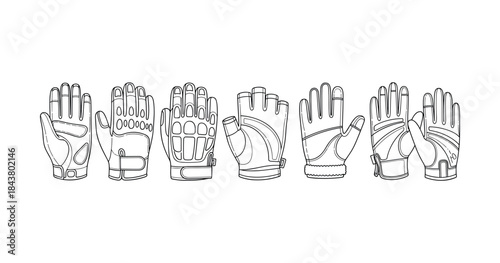 Collection of sports gloves: cycling, weightlifting, and golf glove designs in black and white