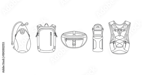 Hydration gear line art: backpack, waist pack, water bottle, vest designs