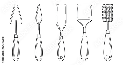 Set of kitchen utensils for baking and cooking with wooden handles