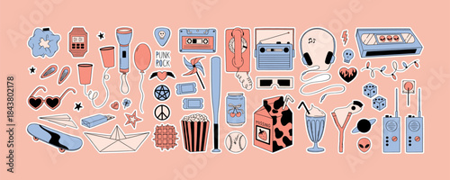 80s patches. Funky stickers with soda can, heart, video cassette, music tape, walkie-talkie, old telephone, radio, skateboard in vintage retro style. Hand drawn vector doodle sticker pack