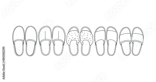 Assorted slippers line drawing: cozy footwear collection in minimalist style