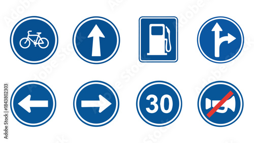 Blue Traffic Road Signs Icons Set for Transportation and Safety