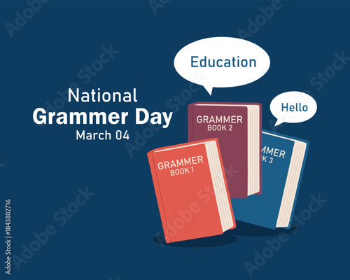 National Grammar Day. March 4, National grammar day celebration banner, card with multiple books in different colour. National grammar day simple and decent conceptual banner for the better learning.