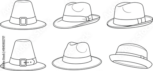 Vector Line Art Outlines of Classic Men's Hats, Including Fedora, Trilby, and Pilgrim Styles with Buckles and Bands, for Fashion and Holiday Graphics.