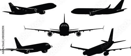 Black Silhouette Vector Icons of Commercial Airplanes from Various Perspectives, Representing Air Travel, Aviation, Transportation, and Flight Service.