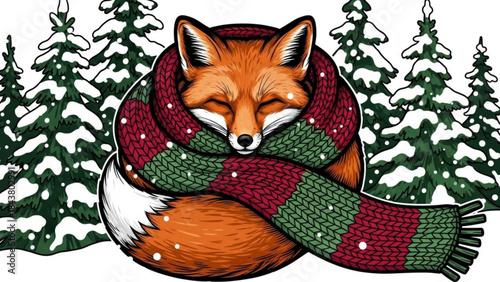 Cute Fox Curled Up in a Scarf Coloring Page in Winter Forest Scene with Bold Cartoon Outlines.svg