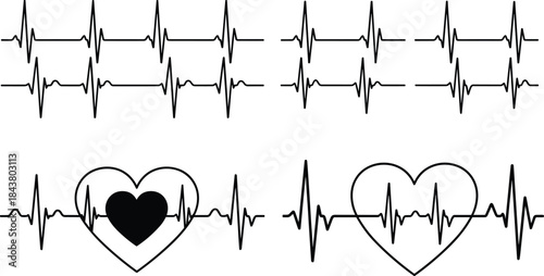 Vector Line Art of Various Electrocardiogram (ECG) Heartbeat Rhythms, Including Heart Shapes, Representing Cardiology and Medical Health.
