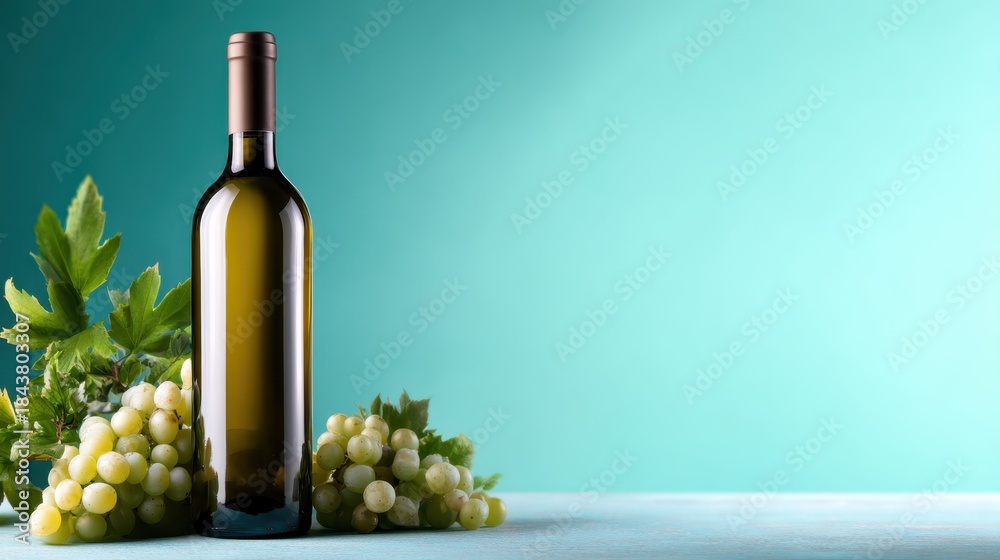 Fototapeta premium This image showcases a wine bottle positioned next to plump green grapes, all framed by a soothing turquoise background, capturing simplicity and freshness beautifully.