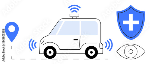 Autonomous vehicles, smart transportation, road safety, healthcare access, navigation systems, surveillance technology. a self-driving car with location, safety shield and eye icon. Autonomous