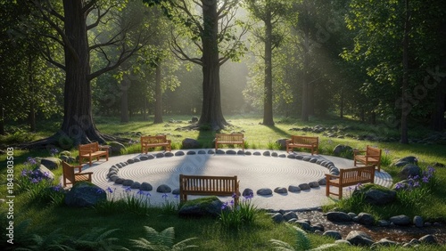 Peaceful Forest Clearing with Circular Stone Path and Benches.