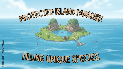 Protected Island Paradise Filling Unique Species Cartoon Illustration.