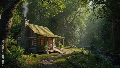 Rustic Log Cabin Nestled in a Lush, Sun-Dappled Forest.