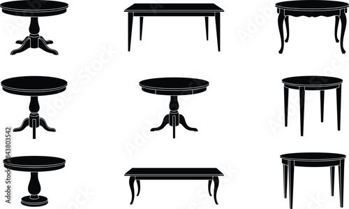 Black Silhouette Vector Icons of Various Round and Rectangular Dining Tables, Including Pedestal and Coffee Tables, for Home Furnishing Concepts.