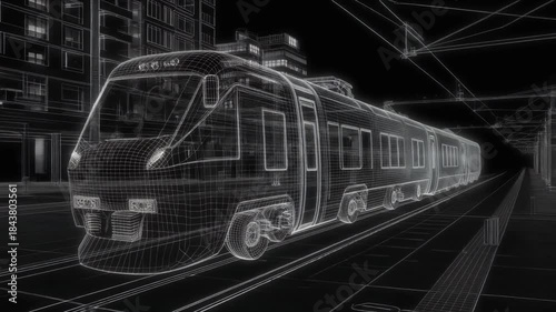 Wireframe digital rendering of a modern train on tracks in an urban environment.