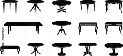 Black Silhouette Vector Icons of Various Antique, Modern, and Dining Tables, Including Coffee and Side Tables, for Interior Design Projects.