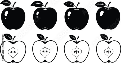 Black Vector Icons of Whole Apples and Cross Sections Showing Seeds and Cores, Perfect for Food, Health, and Nutrition Graphics and Logos.