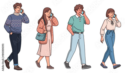 Group of diverse young adults walking and talking on phones