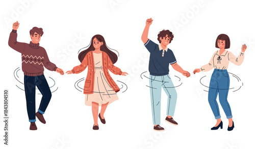 Young adults dancing joyfully in casual outfits illustrating fun and movement