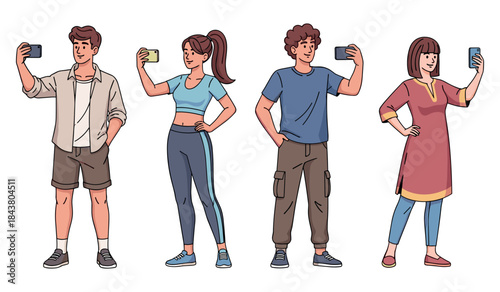 Four diverse individuals taking selfies with smartphones in stylish attire