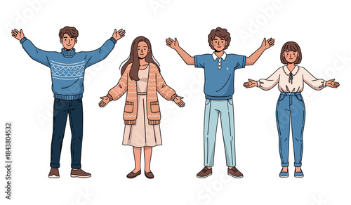 Group of diverse animated young adults cheerfully posing with open arms